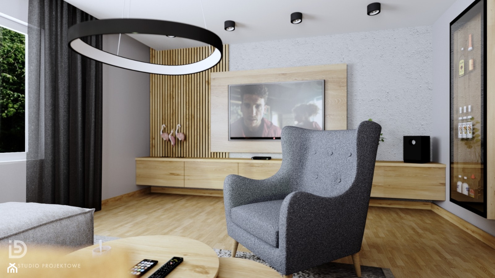 Salon w stylu minimalistycznym z lamelami na ścianie - zdjęcie od ID Studio Projektowe - Homebook