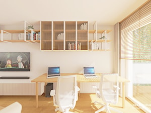 Nad biurkami wiszące witrynki - zdjęcie od Lekka Forma - pracownia projektowa