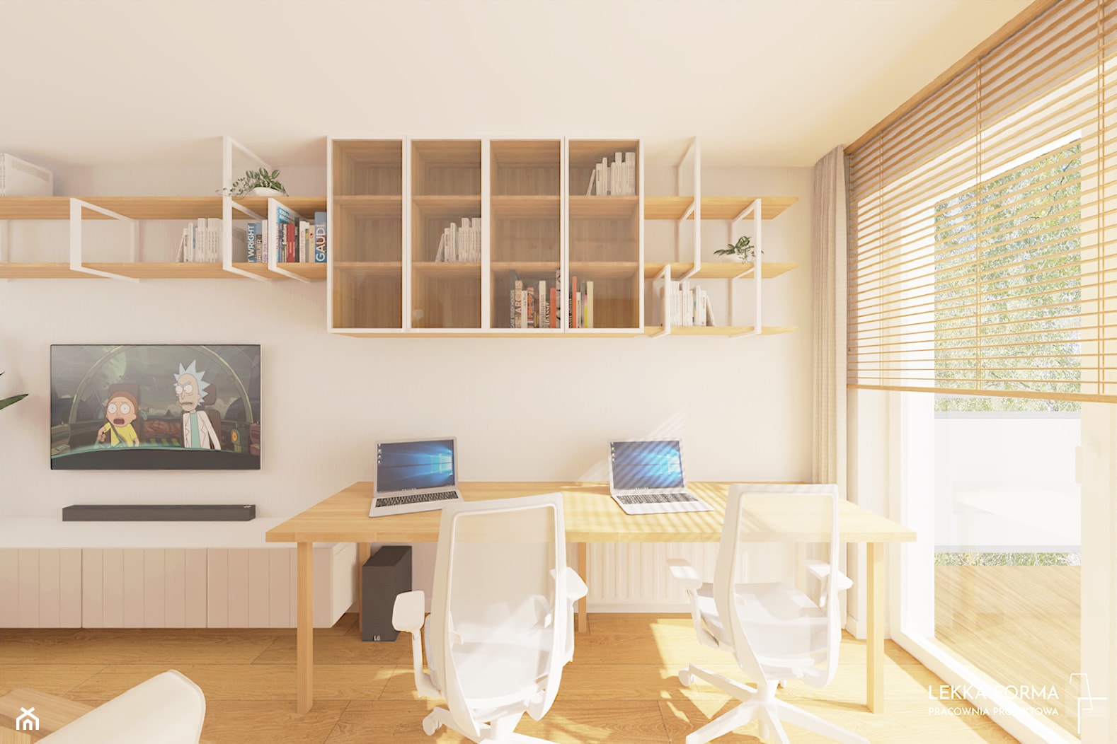Nad biurkami wiszące witrynki - zdjęcie od Lekka Forma - pracownia projektowa - Homebook