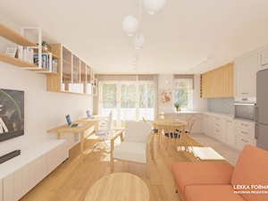 Przestronny salon z kuchnią, jadalnią, biurem - zdjęcie od Lekka Forma - pracownia projektowa