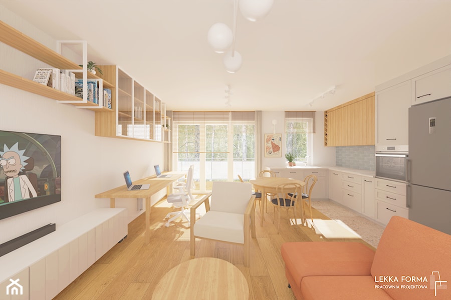 Przestronny salon z kuchnią, jadalnią, biurem - zdjęcie od Lekka Forma - pracownia projektowa