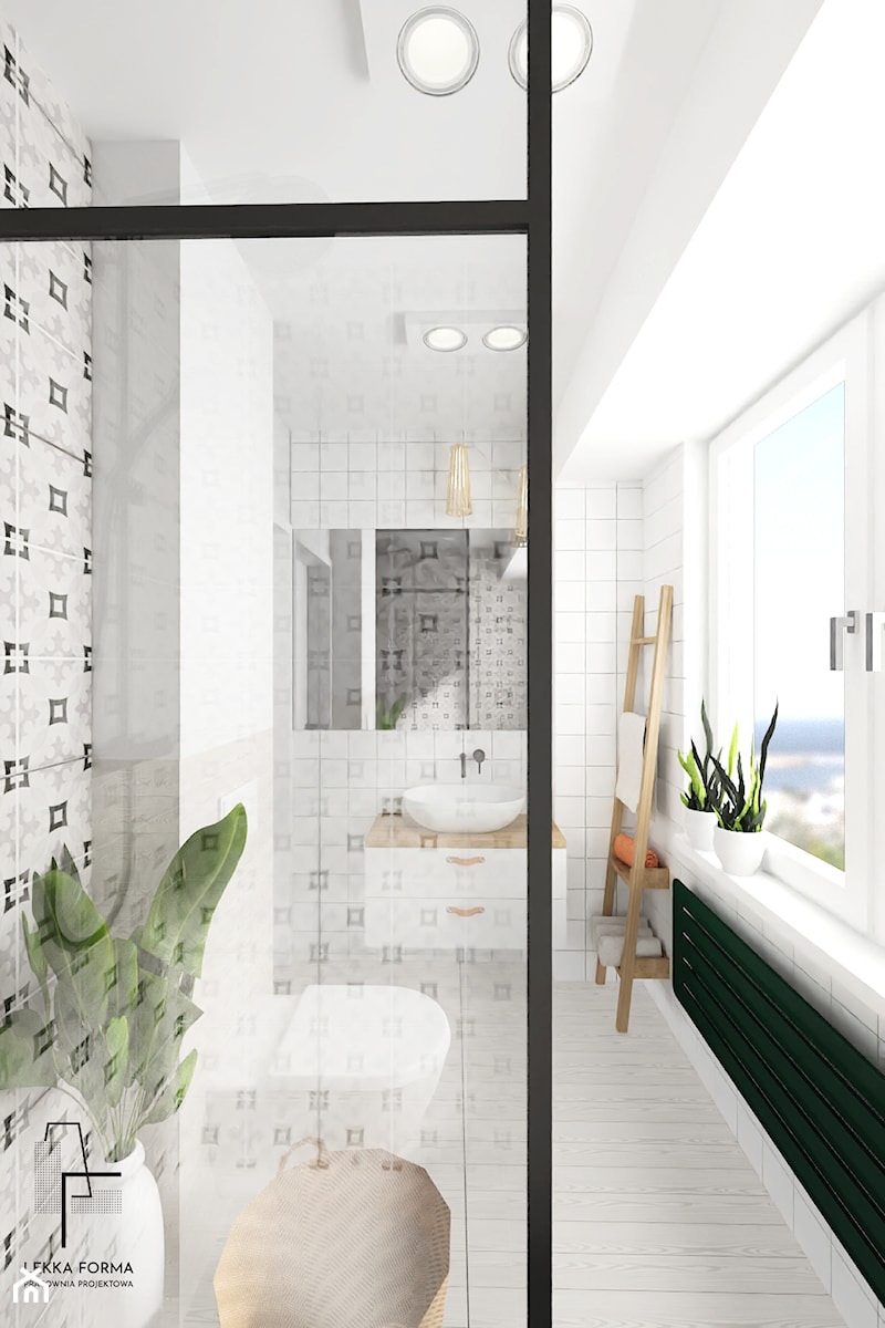 Jasna, biała łazienka z oknem - zdjęcie od Lekka Forma - pracownia projektowa