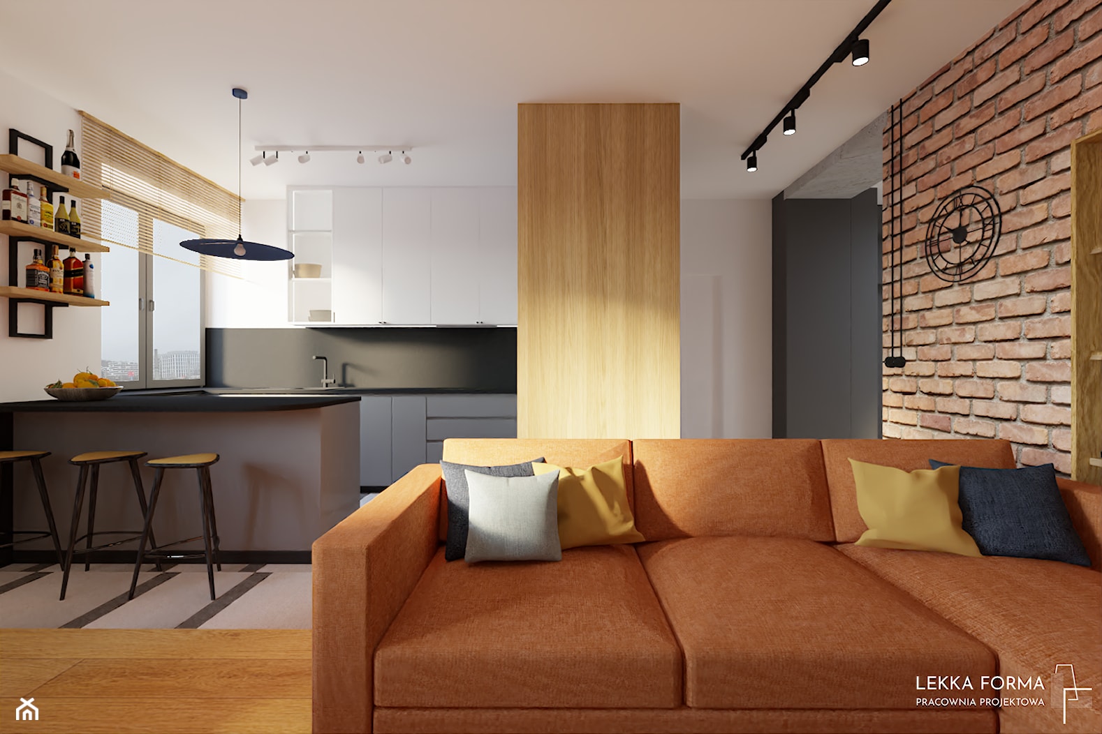 Loftowy salon z pomarańczową kanapą - zdjęcie od Lekka Forma - pracownia projektowa - Homebook