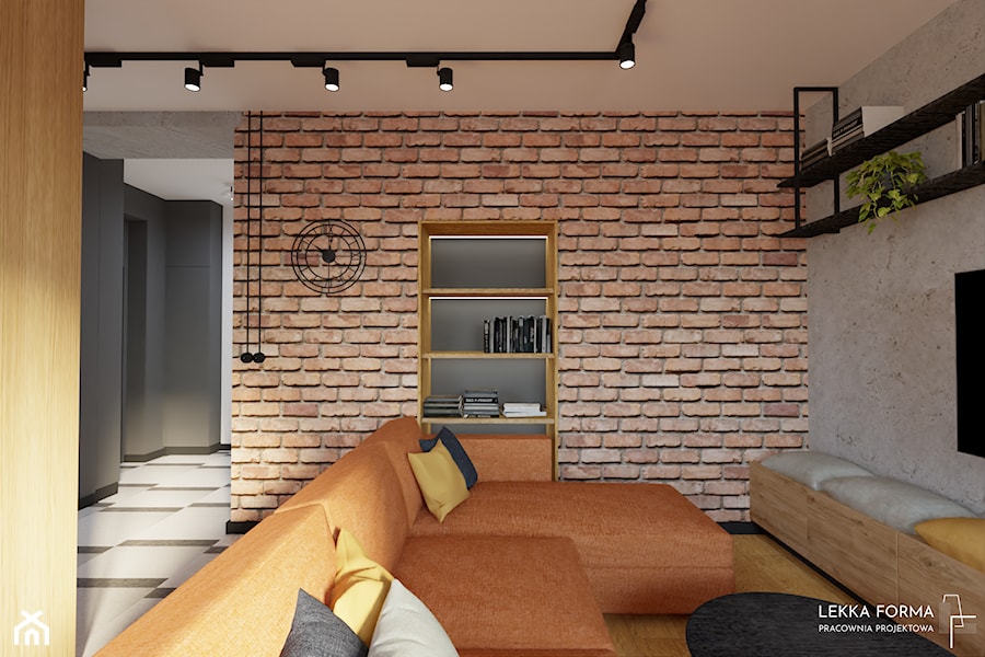 Cegła i beton na ścianie w salonie - zdjęcie od Lekka Forma - pracownia projektowa