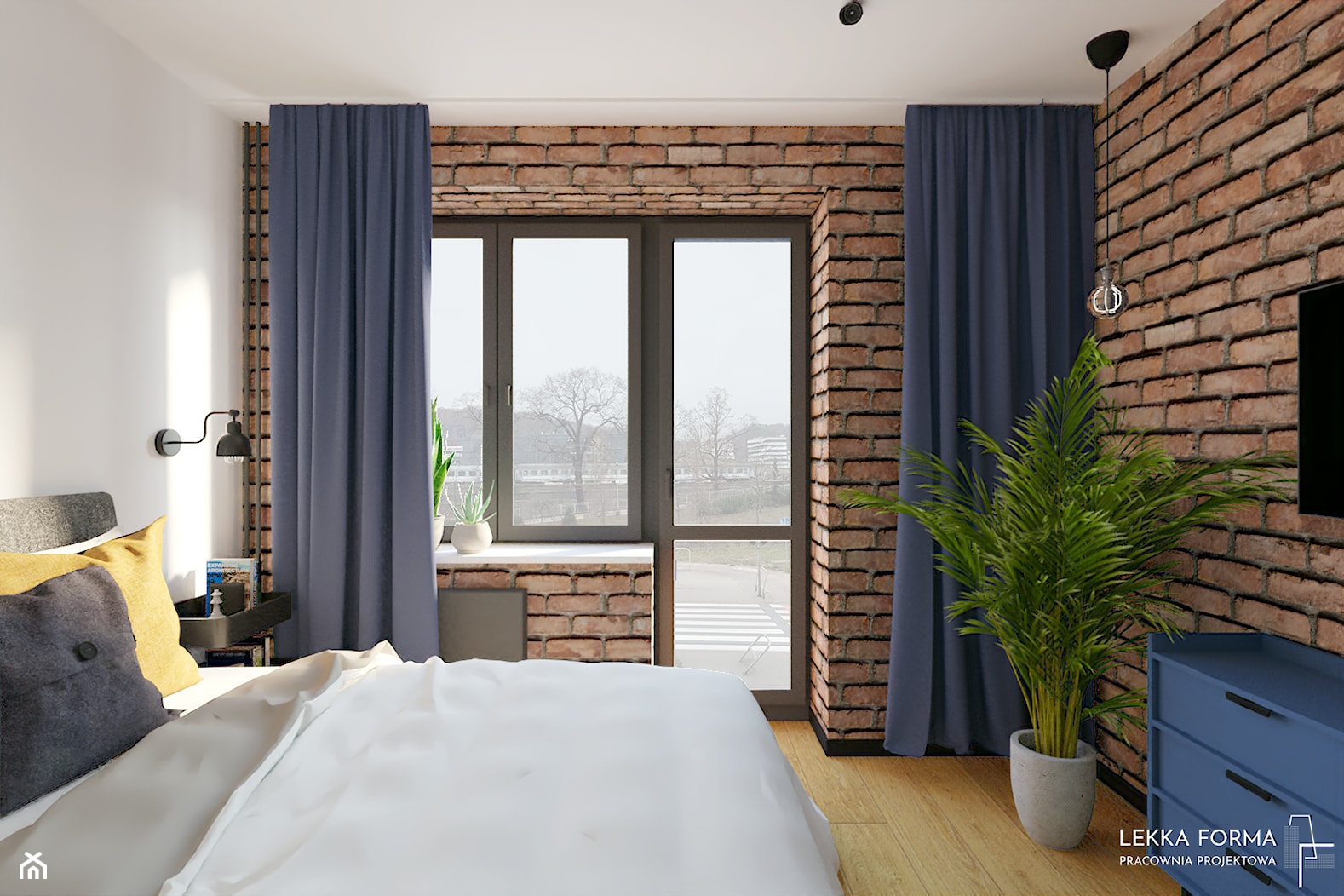 Sypialnia z cegłą i granatowymi akcentami - zdjęcie od Lekka Forma - pracownia projektowa - Homebook