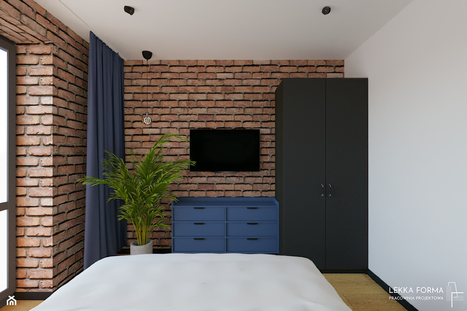 Sypialnia z cegłą i granatową komodą - zdjęcie od Lekka Forma - pracownia projektowa - Homebook