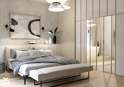Sypialnia połączona z łazienką ścianką w stylu Japońskim - zdjęcie od Aleksandra Oszczak Architekt Wnętrz