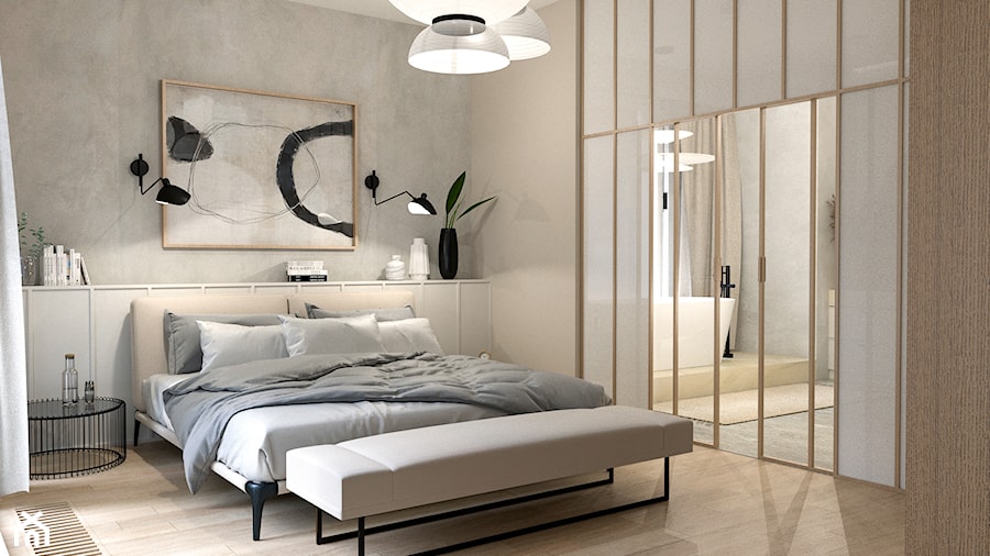 Sypialnia połączona z łazienką ścianką w stylu Japońskim - zdjęcie od Aleksandra Oszczak Architekt Wnętrz