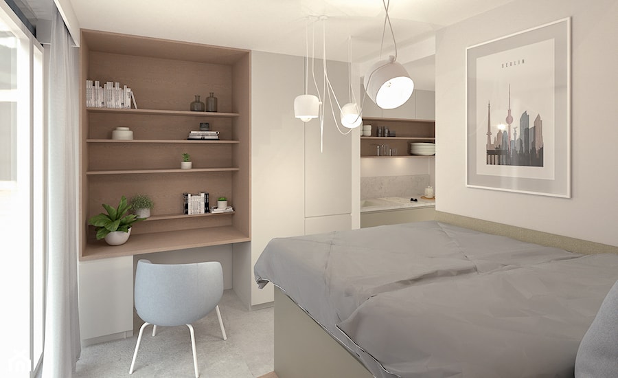 Berlin Mikro-apartamenty sypialnia- łóżko na podwyższeniu - zdjęcie od Aleksandra Oszczak Architekt Wnętrz