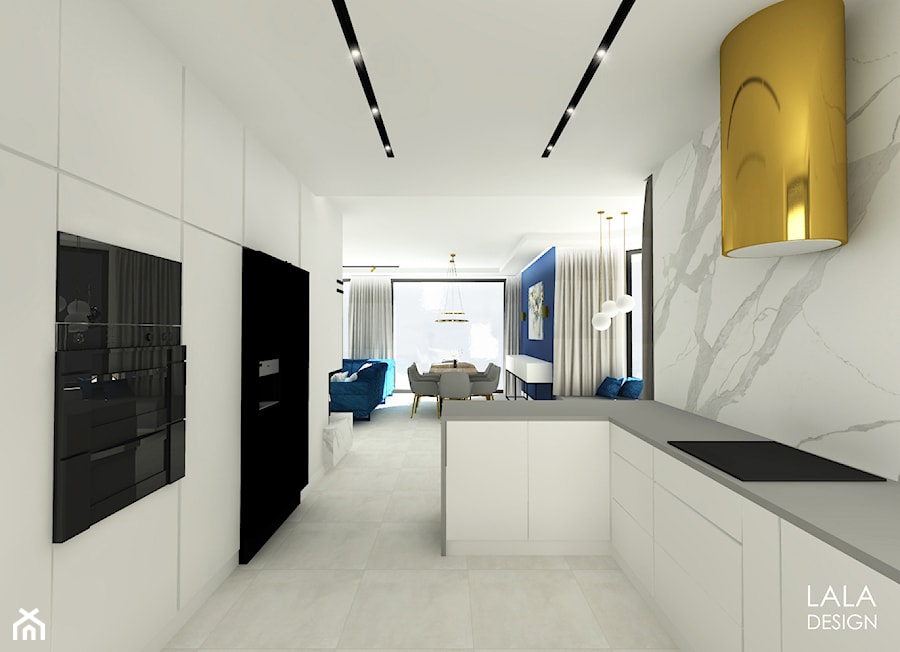 Salon i kuchnia w stylu nowoczesnym z granatowymi akcentami - zdjęcie od LALA DESIGN Projektowanie architektury i wnętrz