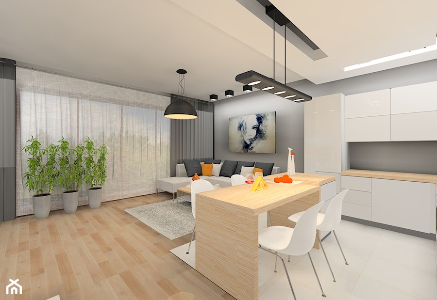 salon z aneksem kuchennym - II wersja (z kominkiem) - zdjęcie od Blanka4design
