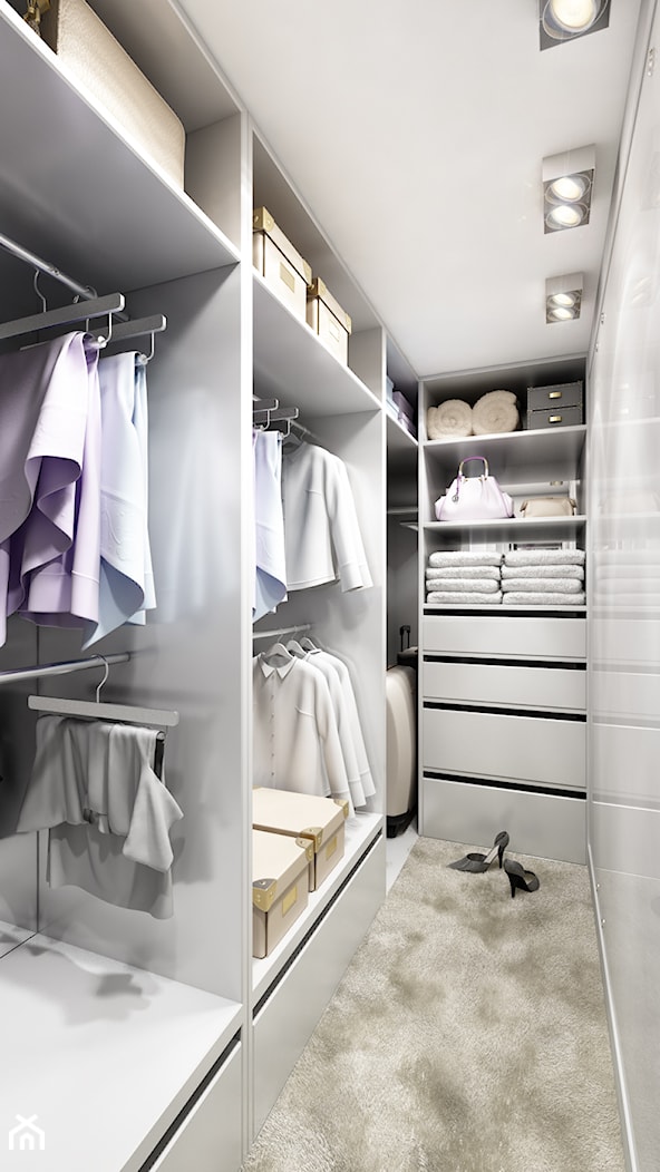 28 m2 - Mała zamknięta garderoba przy sypialni, styl nowoczesny - zdjęcie od m o d e s i magdalena wasiak - Homebook