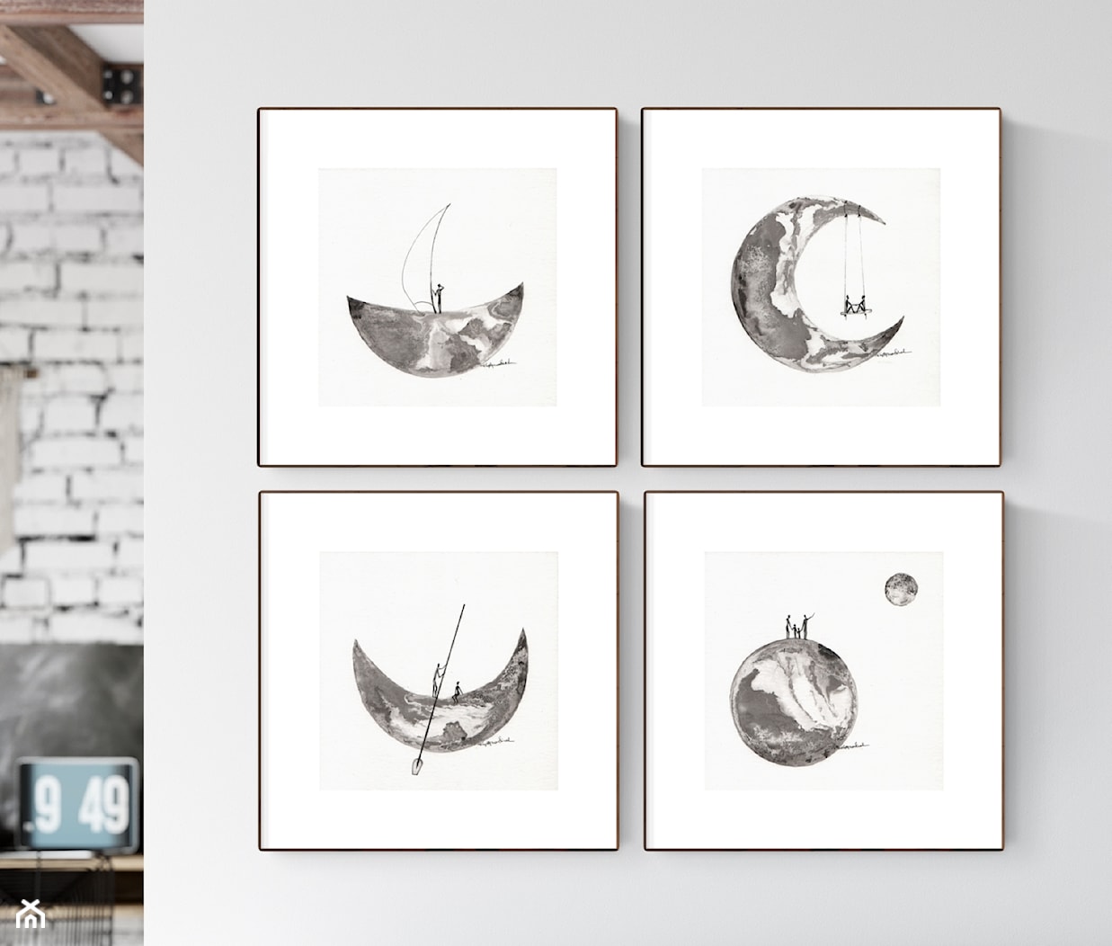 Grafiki czarno-białe nowoczesne abstrakcje plakat księzyc ręcznie malowany autorska grafiki na scianę - zdjęcie od minimalart-grafika-obrazy.pl - Homebook