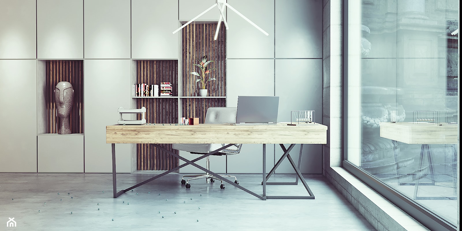 Biurko narożne i zabudowa HOME OFFICE- lite drewno i stal - zdjęcie od LOFTABLE Interior Design & Furniture - Homebook