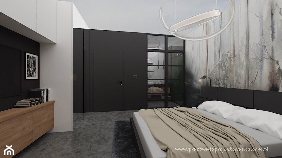 Męska sypialnia z łazienką - Sypialnia, styl industrialny - zdjęcie od Pracownia Projektowania