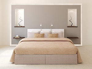 listwy twarde - Średnia beżowa szara sypialnia - zdjęcie od Vidella