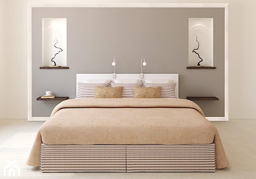 listwy twarde - Średnia beżowa szara sypialnia - zdjęcie od Vidella