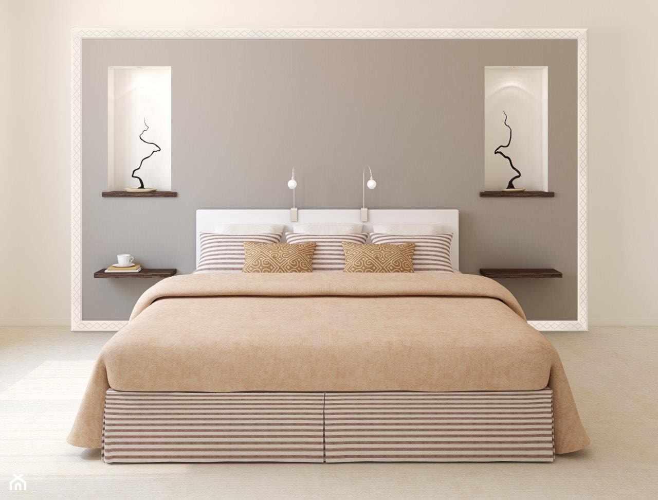 listwy twarde - Średnia beżowa szara sypialnia - zdjęcie od Vidella - Homebook