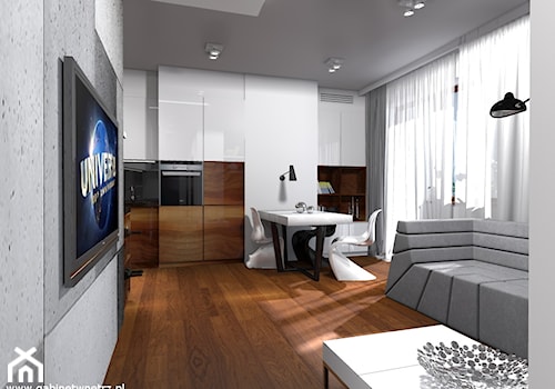 Apartament Tarchomin - Mały biały salon z jadalnią, styl nowoczesny - zdjęcie od Gabinet Wnętrz - Recepta na dobre wnętrze