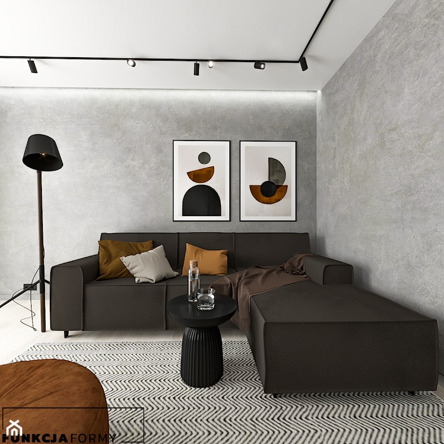 Salon ze ścianą z efektem betonu - zdjęcie od funkcjaformy