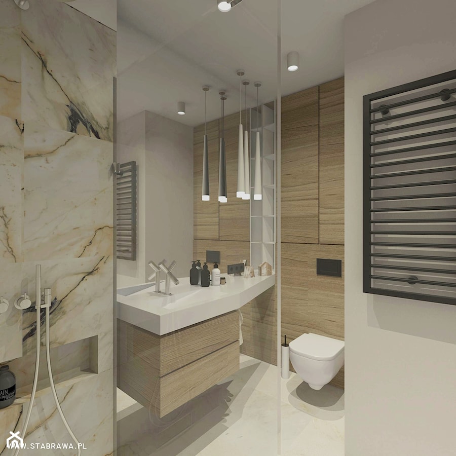 Elegancka łazienka - Średnia na poddaszu bez okna z marmurową podłogą łazienka, styl skandynawski - zdjęcie od STABRAWA.PL architektura wnętrz