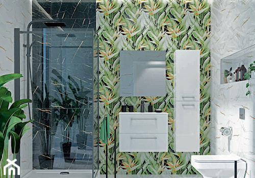 Nowoczesna łazienka z motywem roślinnym - roślinna tapeta, białe szafki wiszące, kwadratowa kabina prysznicowa - zdjęcie od bricomarche.pl