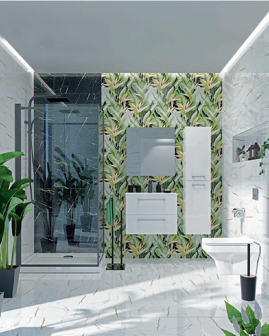 Nowoczesna łazienka z motywem roślinnym - roślinna tapeta, białe szafki wiszące, kwadratowa kabina prysznicowa - zdjęcie od bricomarche.pl