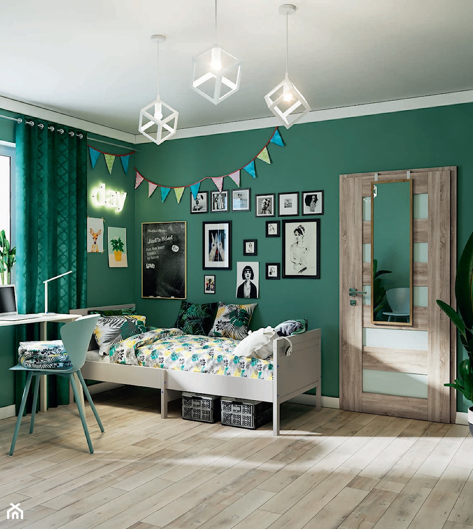 Zielona sypialnia młodzieżowa - zielona ściana, motywy roślinne, zdjęcia i obrazy - zdjęcie od bricomarche.pl - Homebook