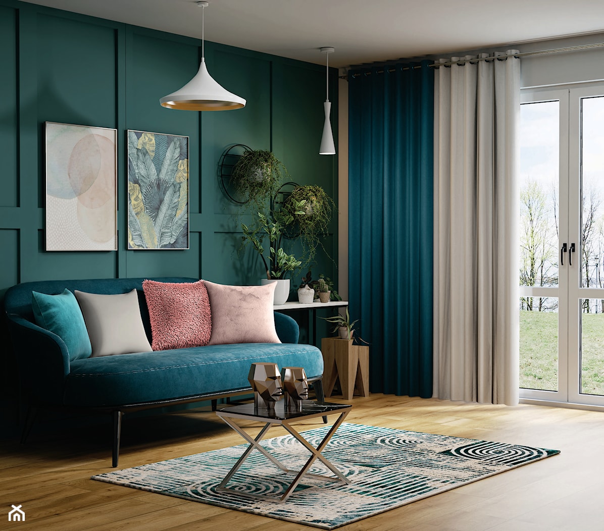 Salon z turkusową kanapą, grubymi zasłonami i zielona ścianą - zdjęcie od bricomarche.pl - Homebook