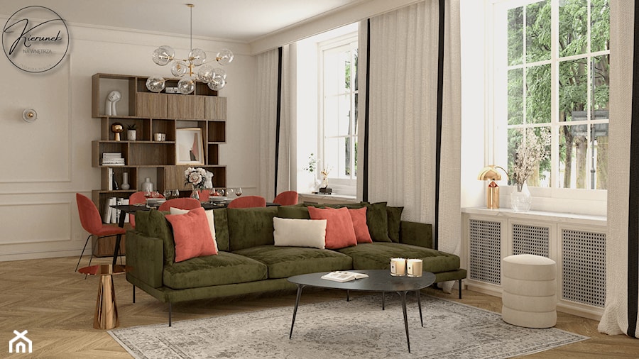Mieszkanie modern classic z oliwką i koralem - Salon, styl nowoczesny - zdjęcie od Kierunek na Wnętrza