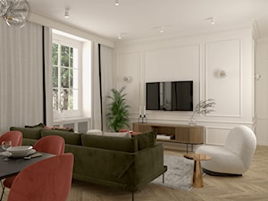 Mieszkanie modern classic z oliwką i koralem - Salon, styl nowoczesny - zdjęcie od Kierunek na Wnętrza