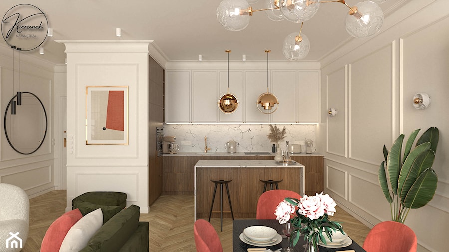 Mieszkanie modern classic z oliwką i koralem - Kuchnia, styl nowoczesny - zdjęcie od Kierunek na Wnętrza