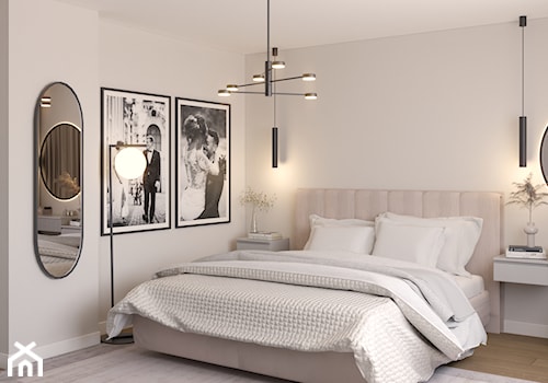 Małżeńska sypialnia w beżach i szarościach - Sypialnia, styl nowoczesny - zdjęcie od Kierunek na Wnętrza