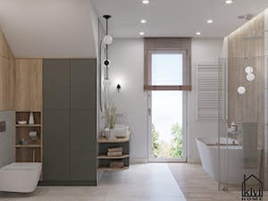 projekt łazienki z prysznicem, wanną, umywalką dwustanowiskową oraz miską wc - zdjęcie od Kivi Home - projektowanie wnętrz