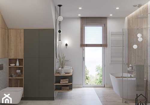 projekt łazienki z prysznicem, wanną, umywalką dwustanowiskową oraz miską wc - zdjęcie od Kivi Home - projektowanie wnętrz