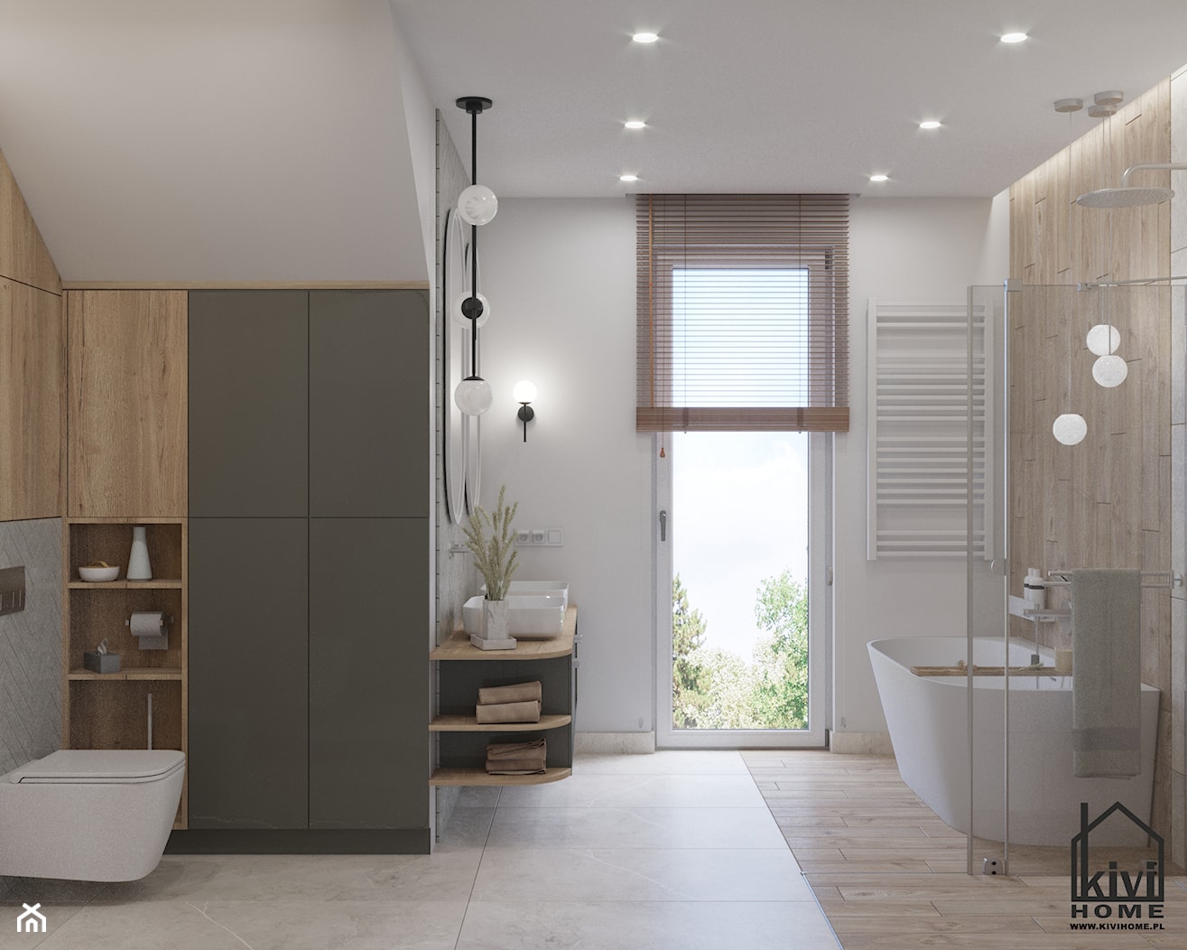 projekt łazienki z prysznicem, wanną, umywalką dwustanowiskową oraz miską wc - zdjęcie od Kivi Home - projektowanie wnętrz - Homebook