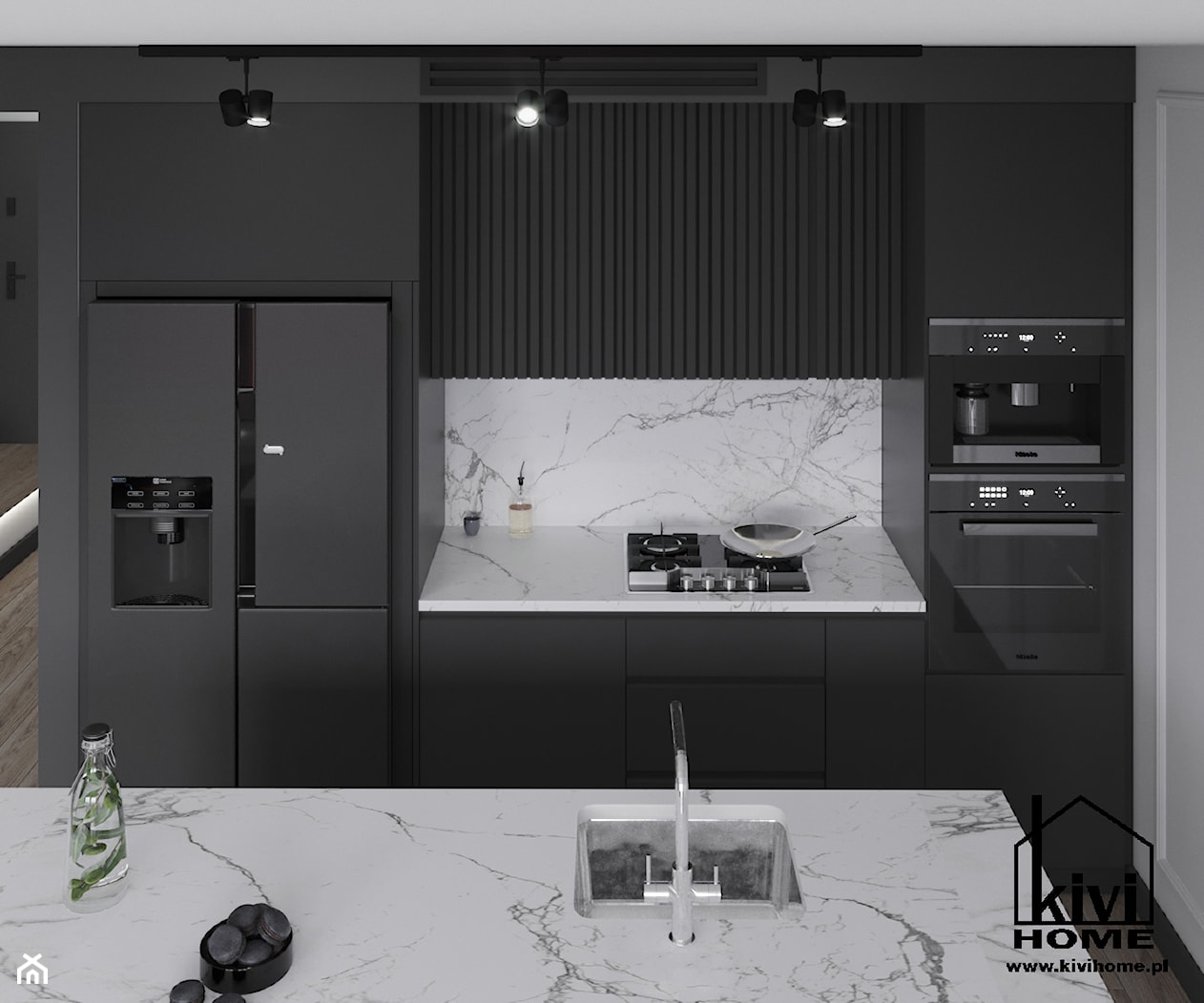 Projekt kuchni z frezowanymi frontami i wzorem marmuru - zdjęcie od Kivi Home - projektowanie wnętrz - Homebook