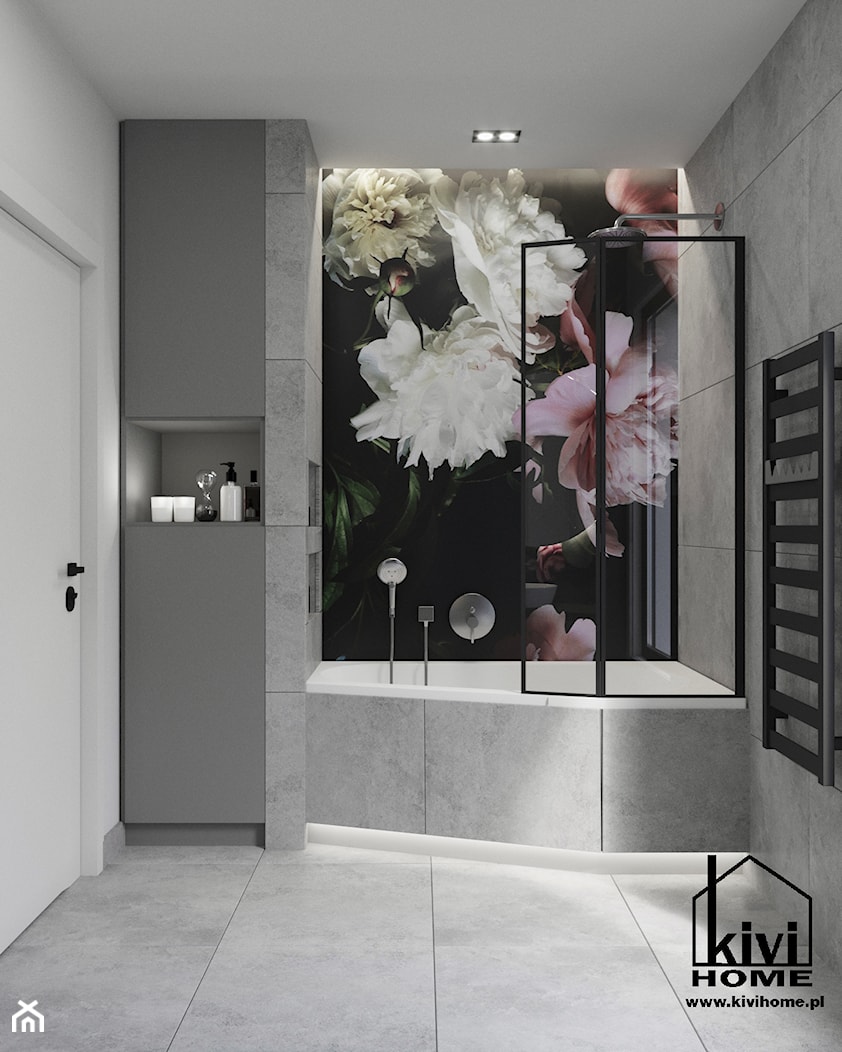 projekt łazienki z wanną oraz oryginalną ścianką za umywalką - zdjęcie od Kivi Home - projektowanie wnętrz - Homebook