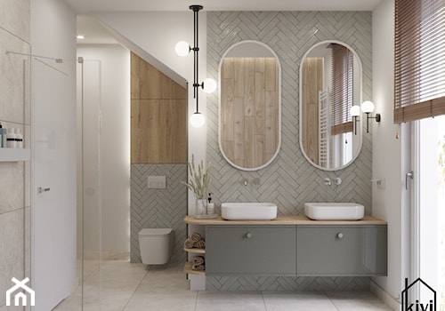łazienka z dwustanowiskową umywalką, szafką wiszącą, baterią podtynkową, prysznicem, wanną - zdjęcie od Kivi Home - projektowanie wnętrz