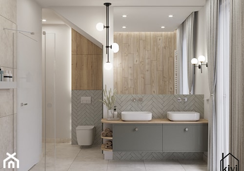 projekt średnej łazienki z oknem, na poddaszu, umywalka dwustanowiskowa, miska wc, prysznic, wanna - zdjęcie od Kivi Home - projektowanie wnętrz