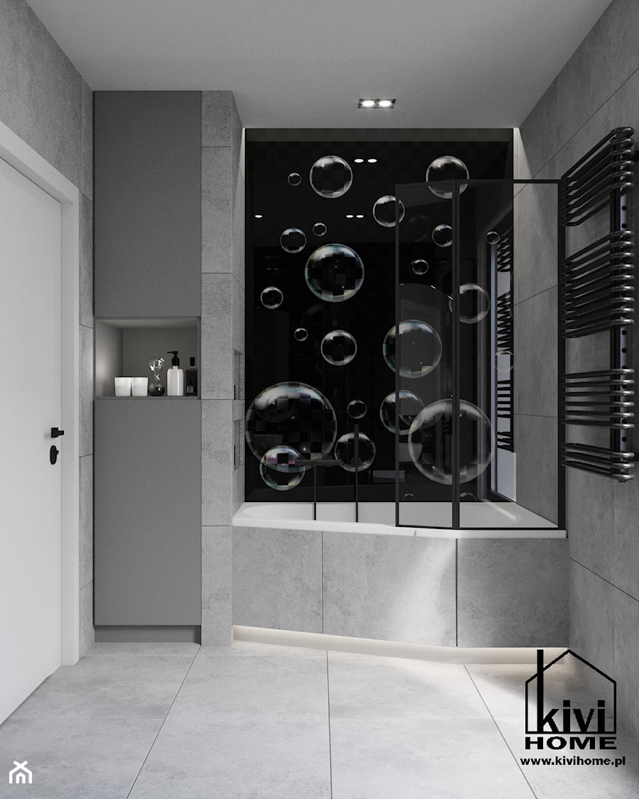 projekt łazienki z wanną oraz oryginalną ścianką za umywalką - zdjęcie od Kivi Home - projektowanie wnętrz