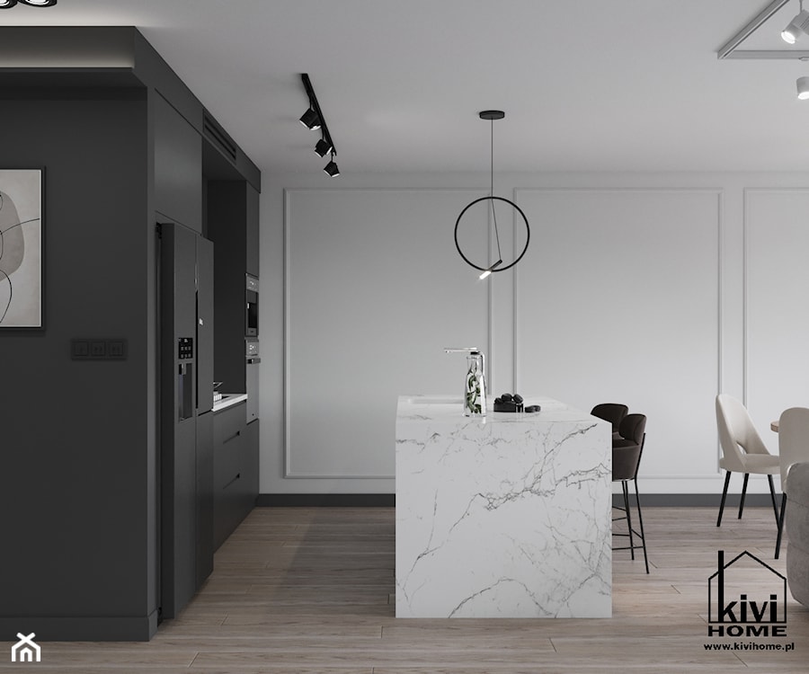 Projekt kuchni z frezowanymi frontami i wzorem marmuru - zdjęcie od Kivi Home - projektowanie wnętrz