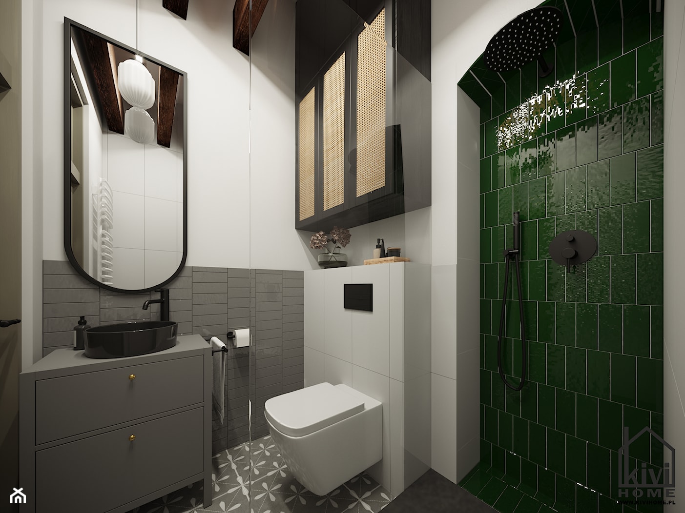 Mała łazienka z mocnym akcentem zielonych płytek - zdjęcie od Kivi Home - projektowanie wnętrz - Homebook