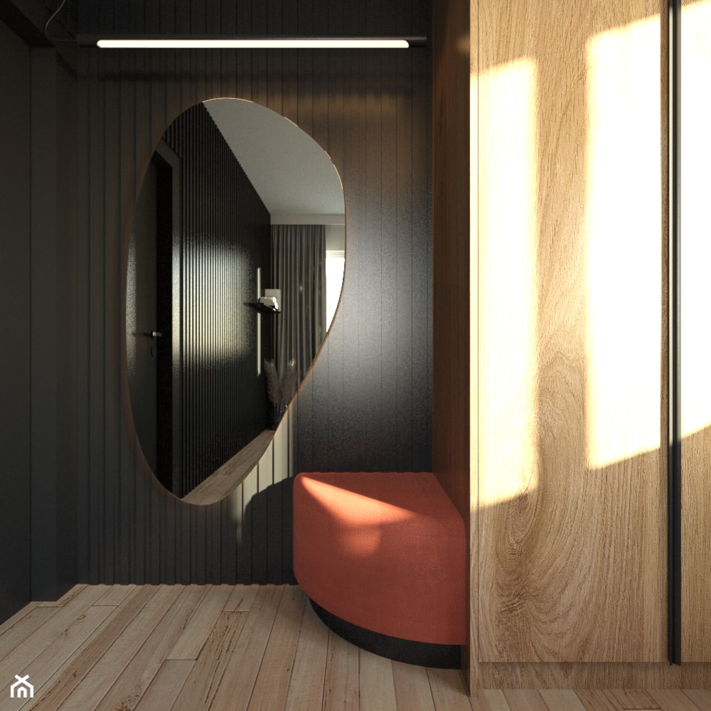 sypialnia z organicznym lustrem i akcentem pomarańczu - zdjęcie od Sędzicka - architekt, projektowanie wnętrz - Homebook