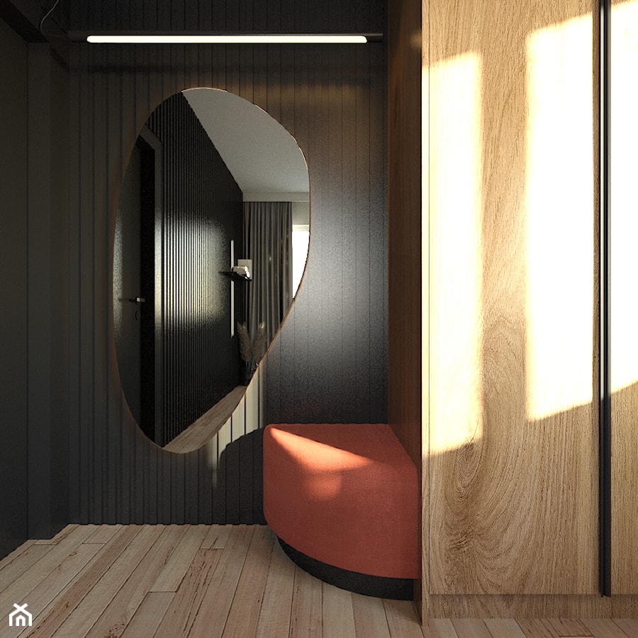 sypialnia z organicznym lustrem i akcentem pomarańczu - zdjęcie od Sędzicka - architekt, projektowanie wnętrz