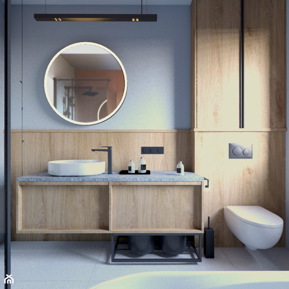 łazienka łącząca pomarańcz z błękitem - zdjęcie od Sędzicka - architekt, projektowanie wnętrz - Homebook