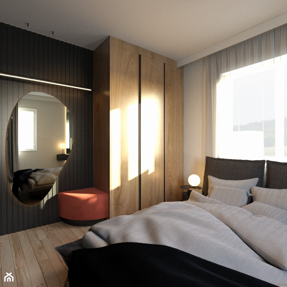 sypialnia z organicznym lustrem i akcentem pomarańczu - zdjęcie od Sędzicka - architekt, projektowanie wnętrz - Homebook