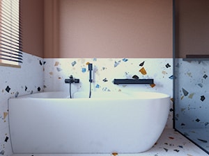 łazienka łącząca pomarańcz z błękitem - zdjęcie od Sędzicka - architekt, projektowanie wnętrz