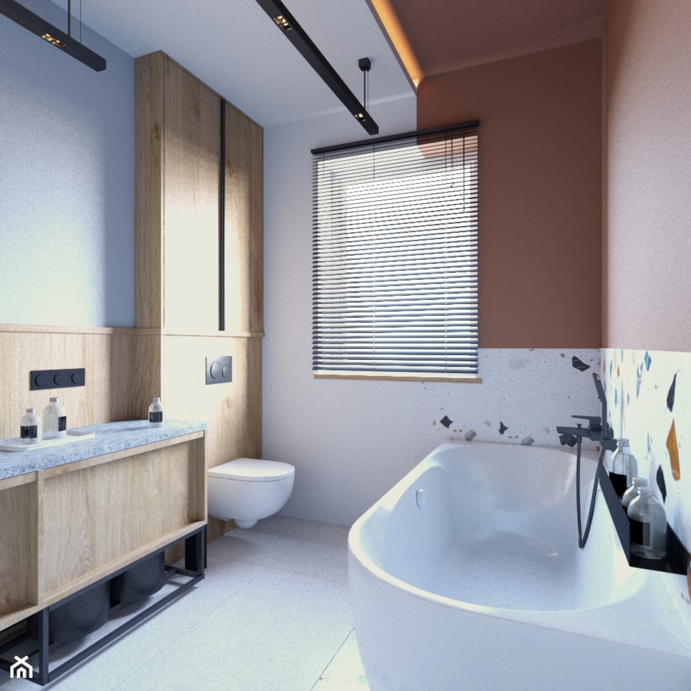 łazienka łącząca pomarańcz z błękitem - zdjęcie od Sędzicka - architekt, projektowanie wnętrz - Homebook