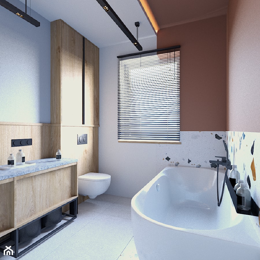 łazienka łącząca pomarańcz z błękitem - zdjęcie od Sędzicka - architekt, projektowanie wnętrz